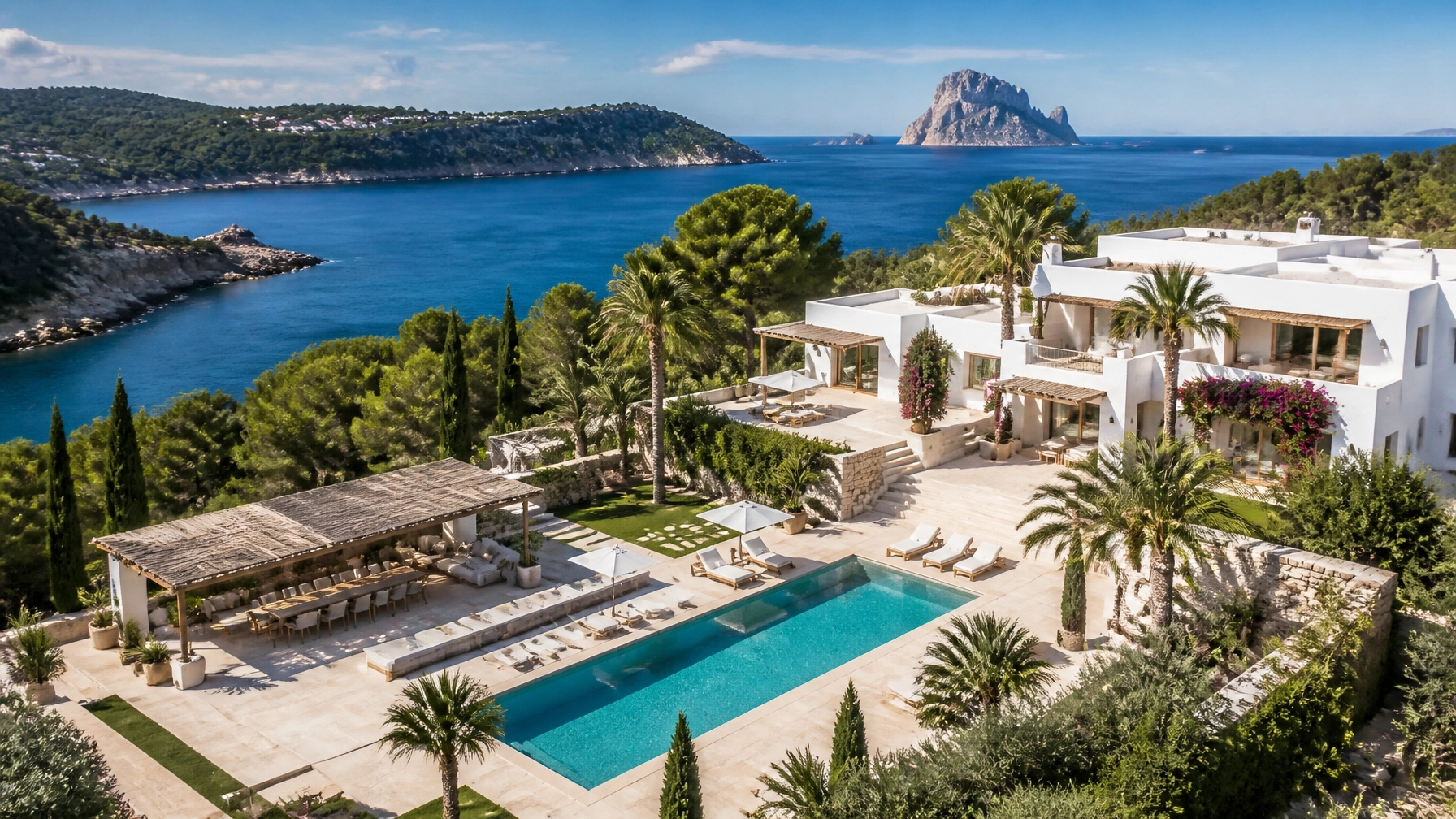 Aerial view of a large luxury villa in the Balearics with expansive pool