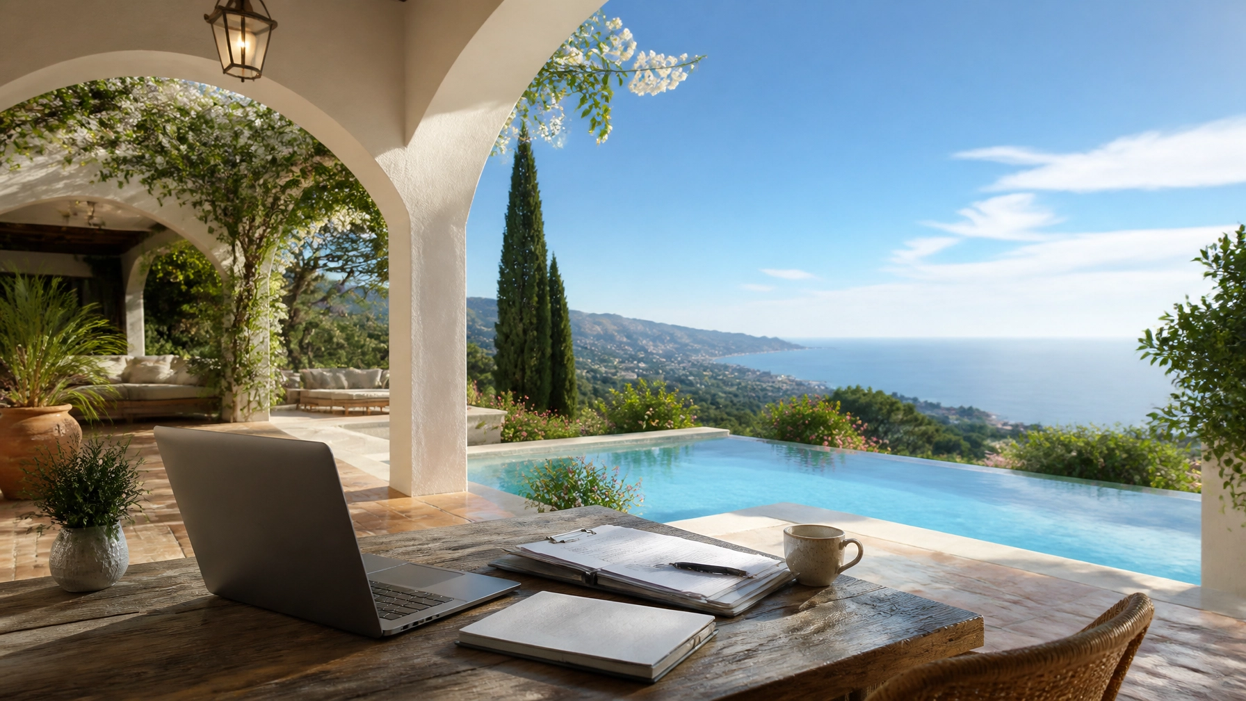 Luxury Canary Islands villa terrace with workspace and pool view