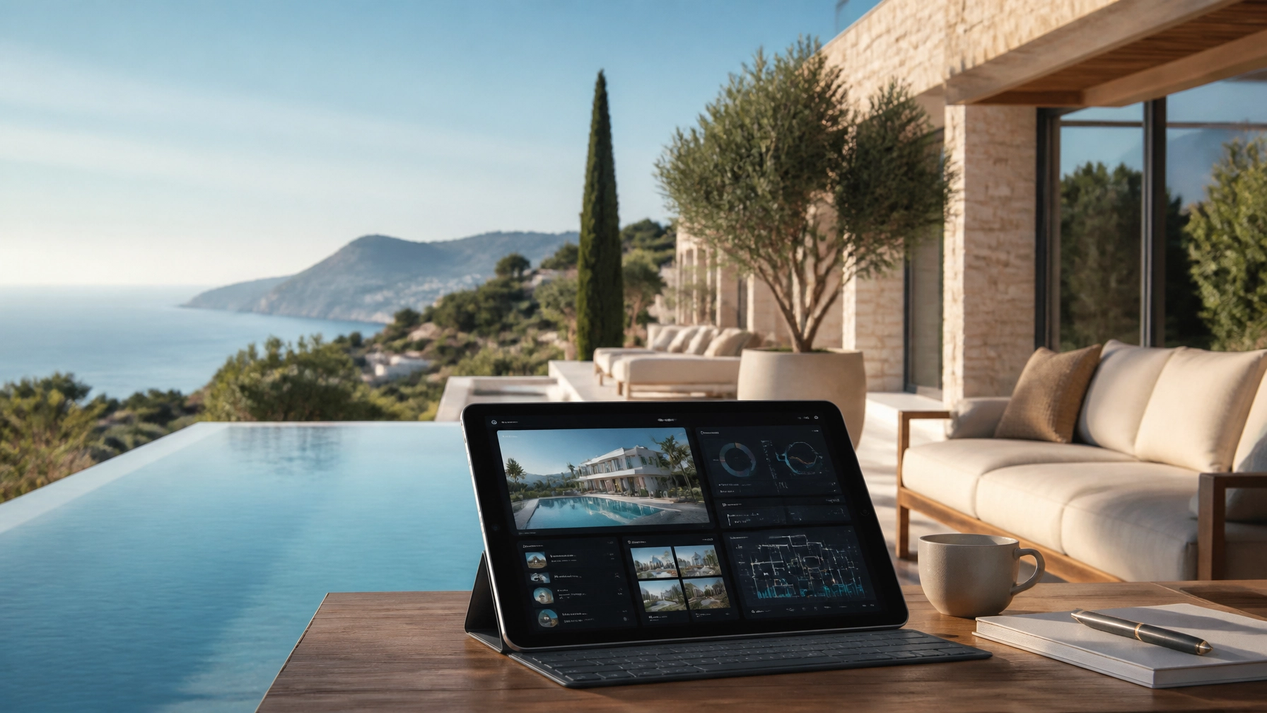 Luxury Spanish villa terrace with premium property management dashboard concept