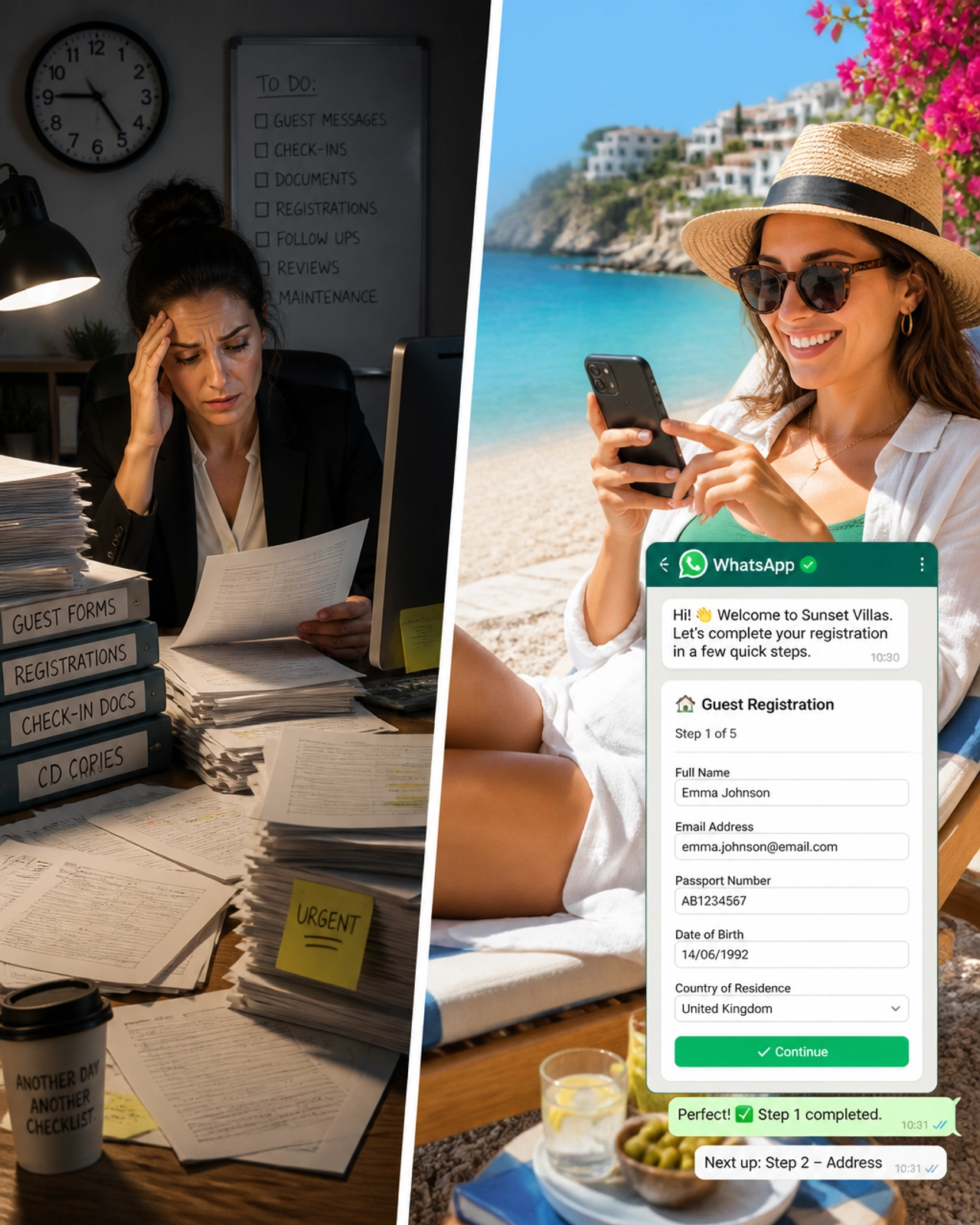 A property manager stressed by manual paperwork versus a guest easily registering via WhatsApp