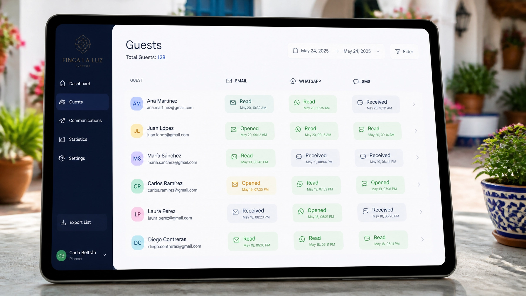 A modern dashboard showing real-time message status for guest registration