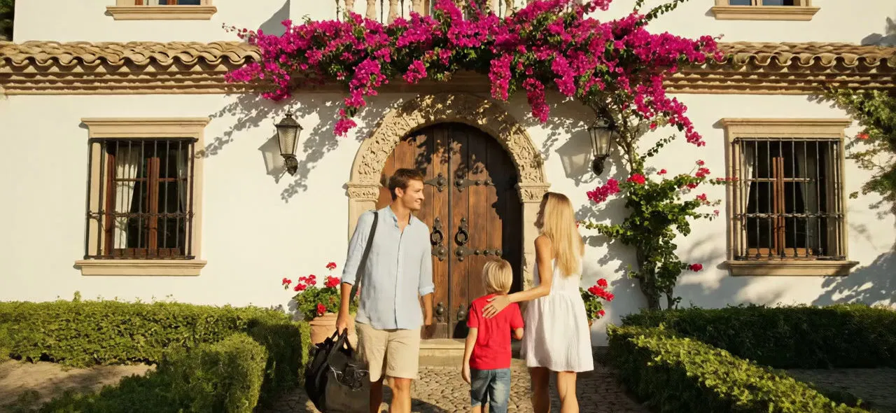 A family arriving at a Spanish villa for a compliant check-in
