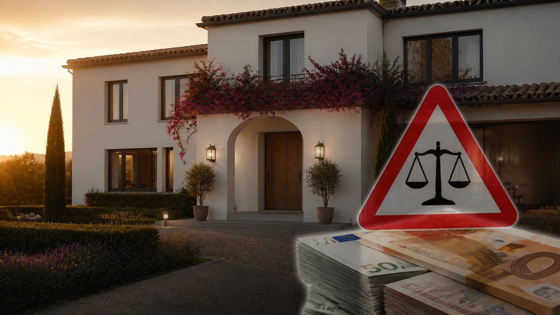 A modern Spanish villa at sunset representing legal and financial risks