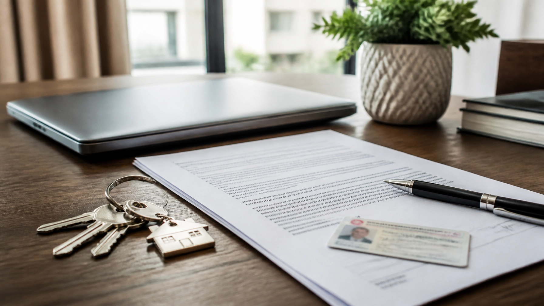 A professional workspace showing Spanish legal compliance documents, house keys, and essential check-in paperwork