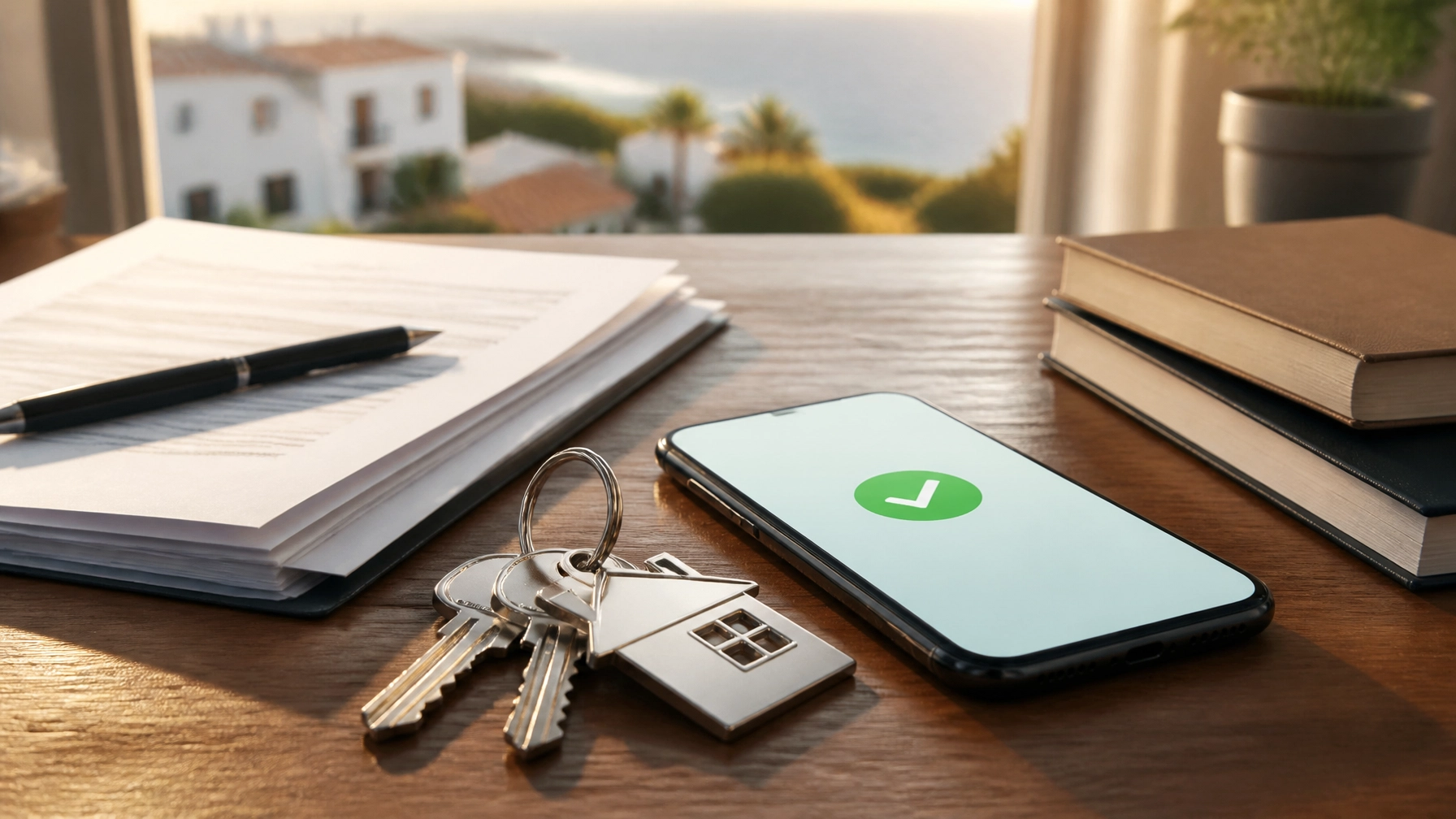 Close up of house keys, legal paperwork, and a smartphone indicating successful compliance