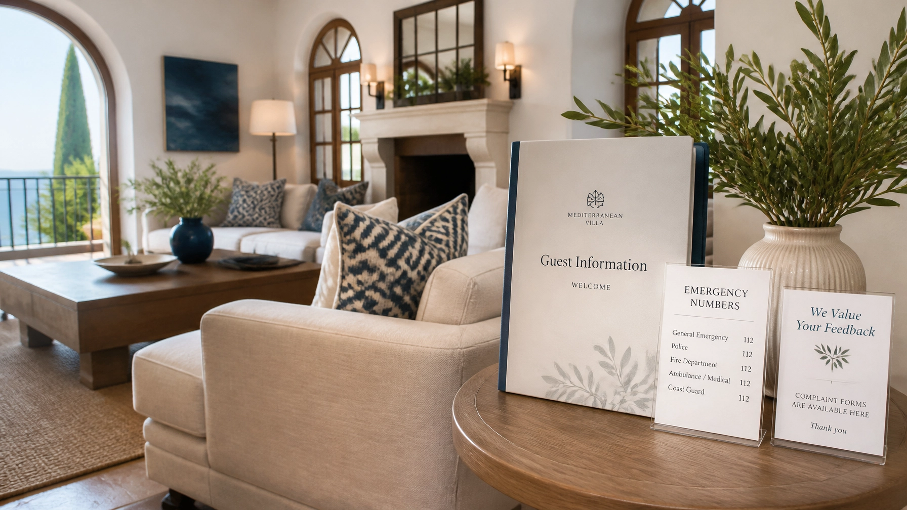 A stylish living room with a side table holding a guest folder and printed emergency contact information