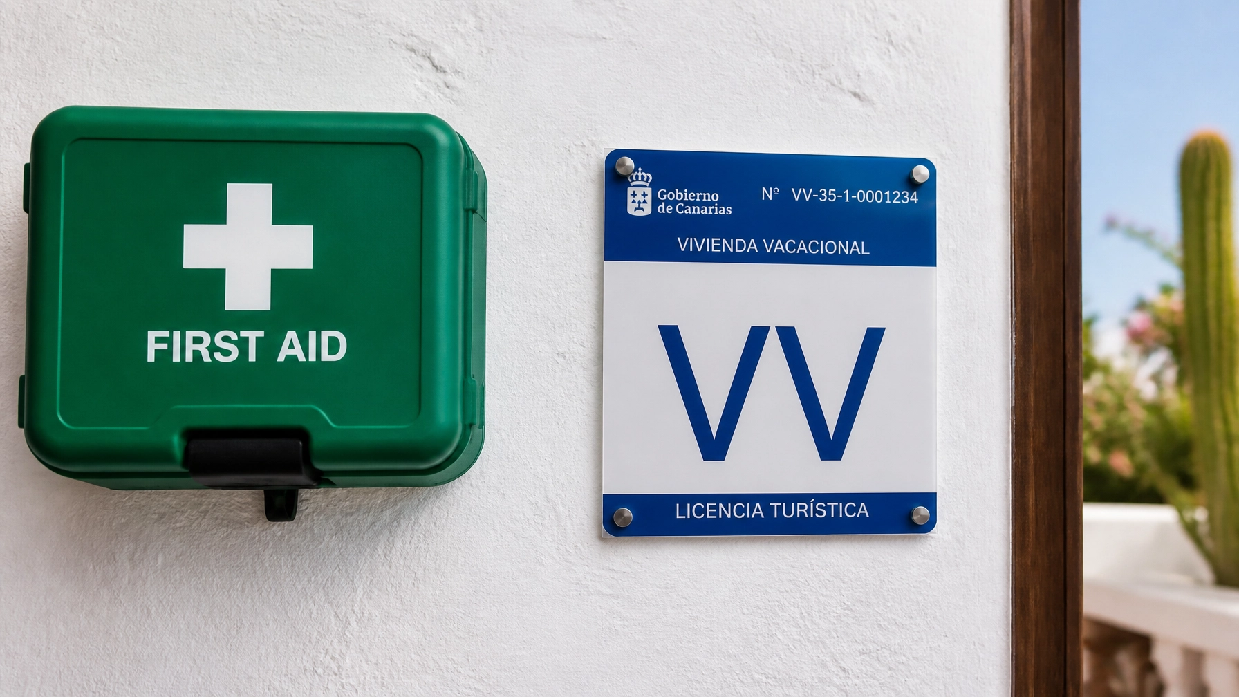 Close-up of a first aid kit and an official VV tourist license plaque on a white-washed wall
