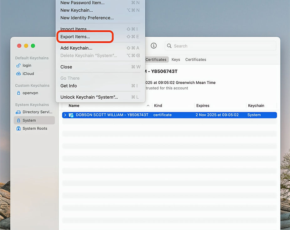 macOS Keychain Access — exporting a digital certificate