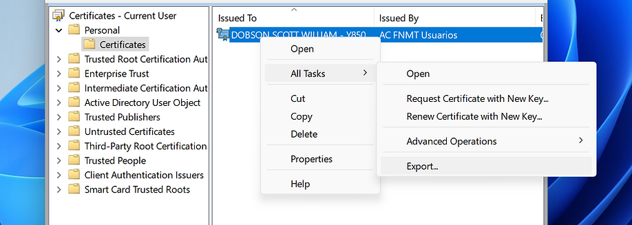 Windows Certificate Manager — exporting a digital certificate