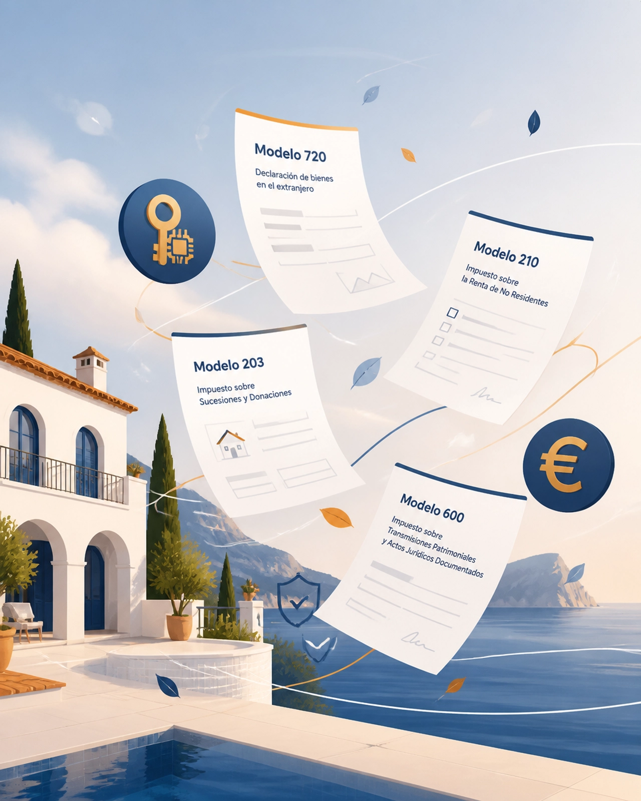 An abstract visual of digital tax forms and villa icons representing Spanish non-resident tax obligations