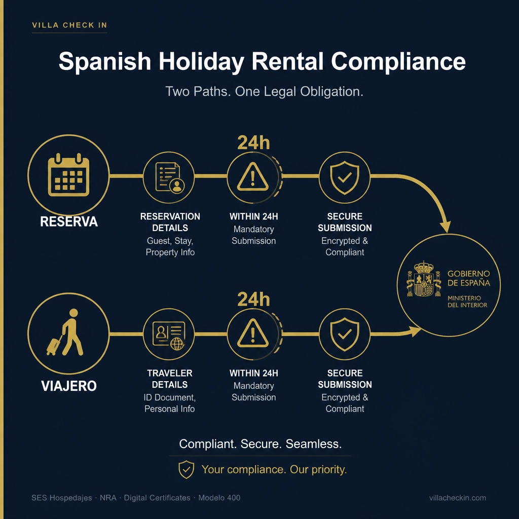 A stylized graphic showing the two pathways of compliance: Reserva and Viajero, both leading to a government seal with 24-hour warnings