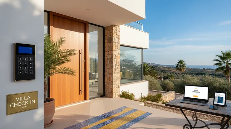 Modern Spanish villa entrance with a Villa Check In sign and a laptop, showing professional compliance management