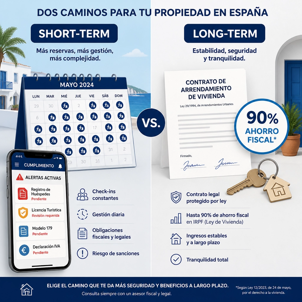 A concept graphic comparing the busy nature of short-term rentals vs the stability of long-term leases