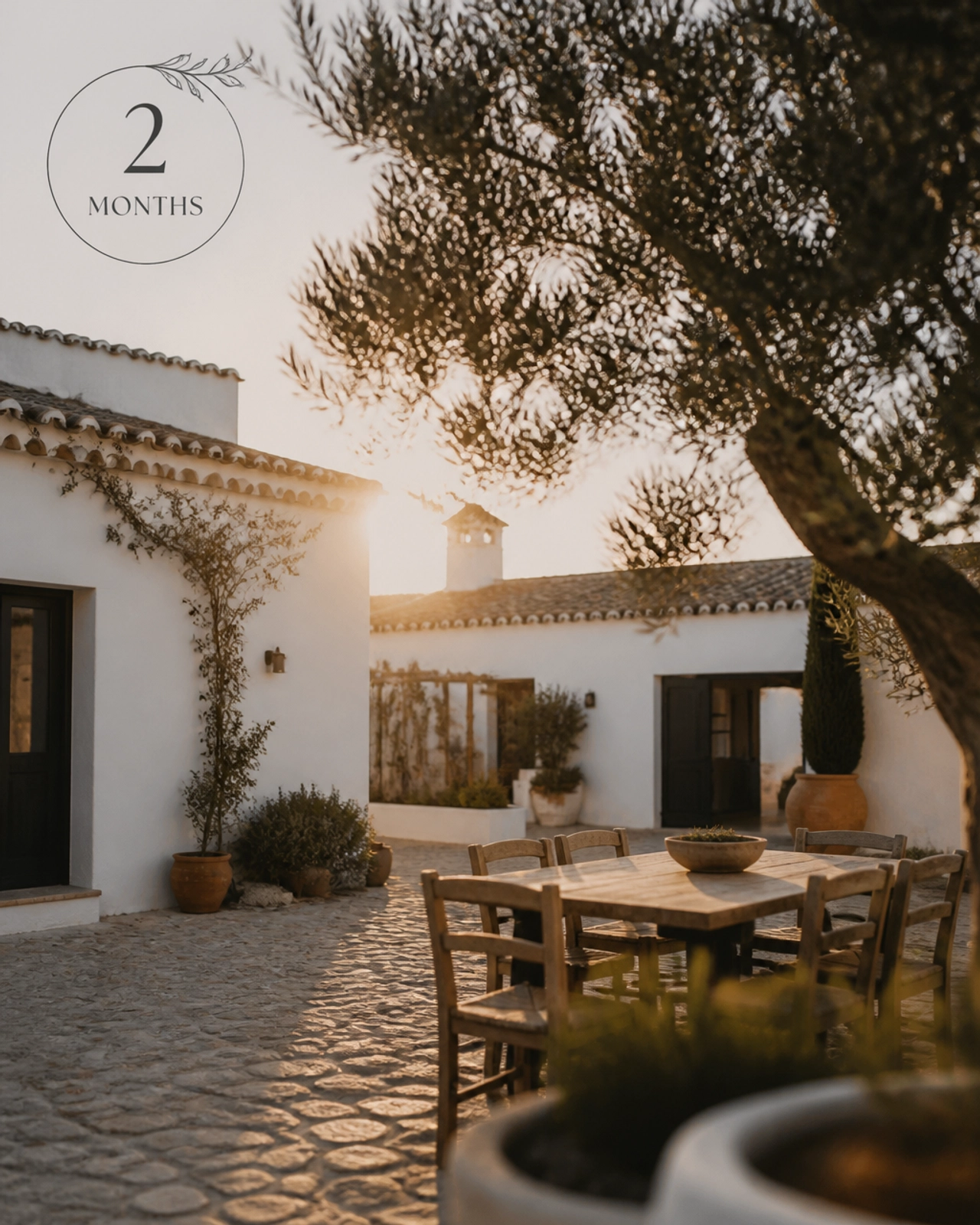 Un patio de cortijo andaluz rústico pero lujoso con un gráfico de cronología de 2 meses