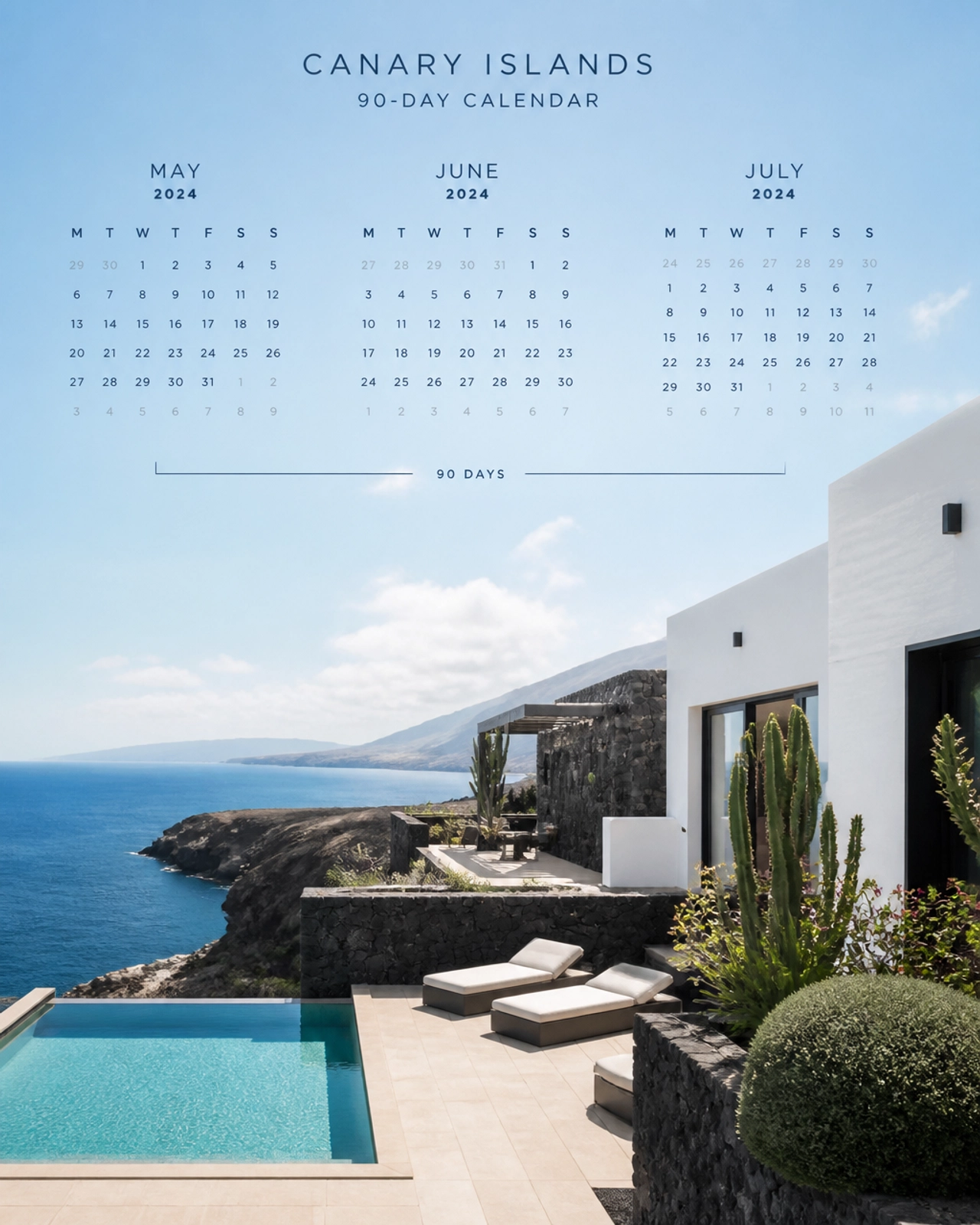 Una foto de paisaje de alta calidad de una villa costera en las Islas Canarias con un icono de calendario de 90 días