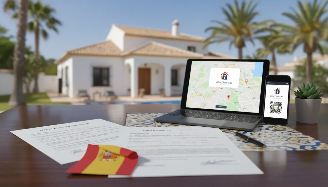 Portátil y smartphone mostrando el portal Villa Check In con registro de huéspedes y código QR