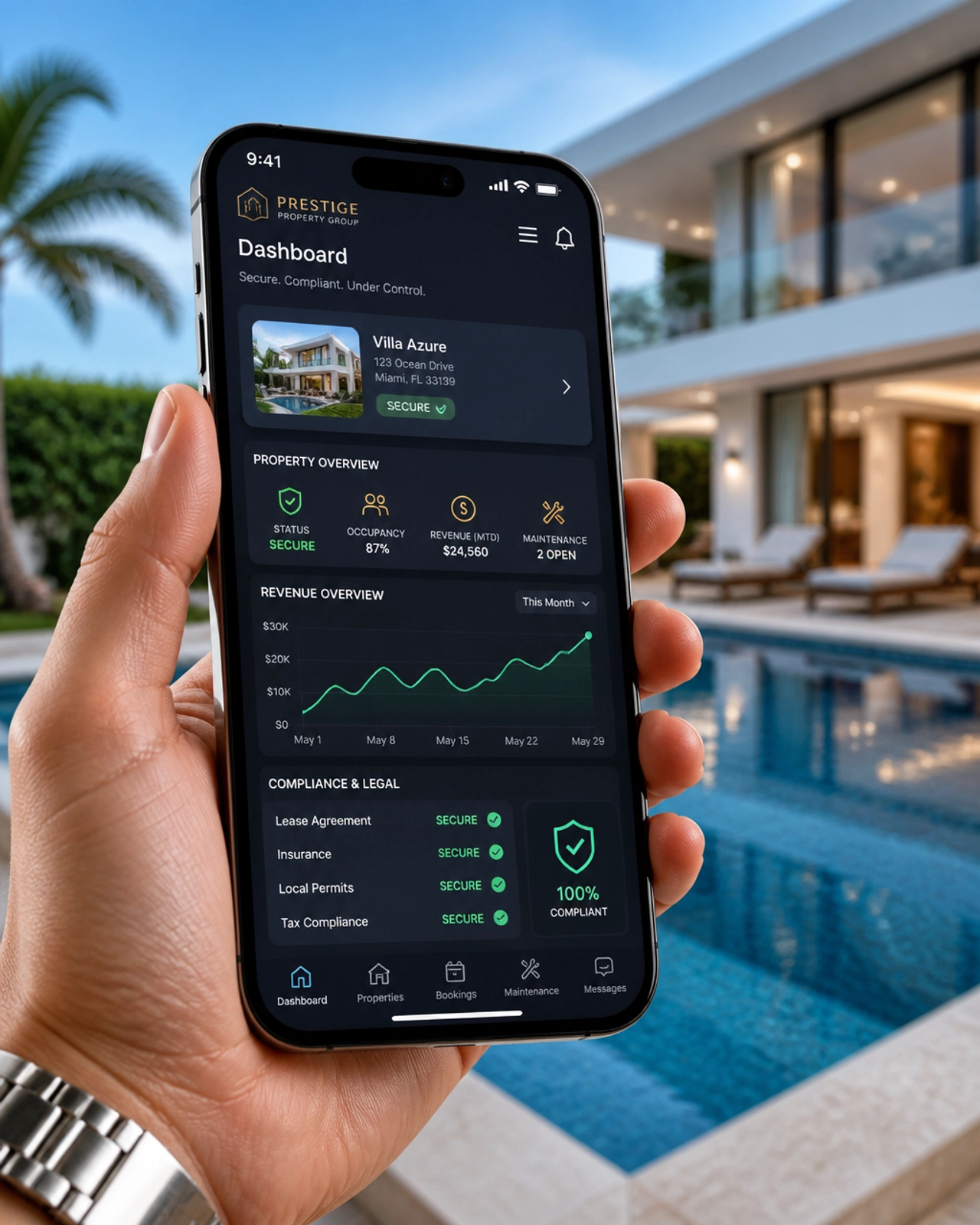 Een hand die een smartphone vasthoudt met een beveiligd eigendomsbeheersingsdashboard